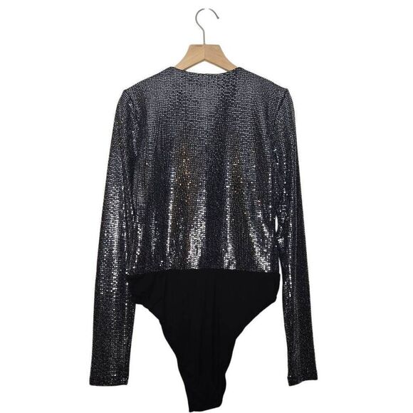 Bardot Long Sleeve Silver Black Bodysuit Sparkle Size Small - Picture 4 of 7